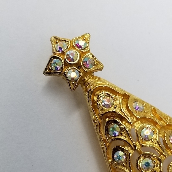 Vtg NYLU Christmas Tree Pin Brooch Rhinestones Aurora Borealis Large Goldtone - Picture 5 of 8
